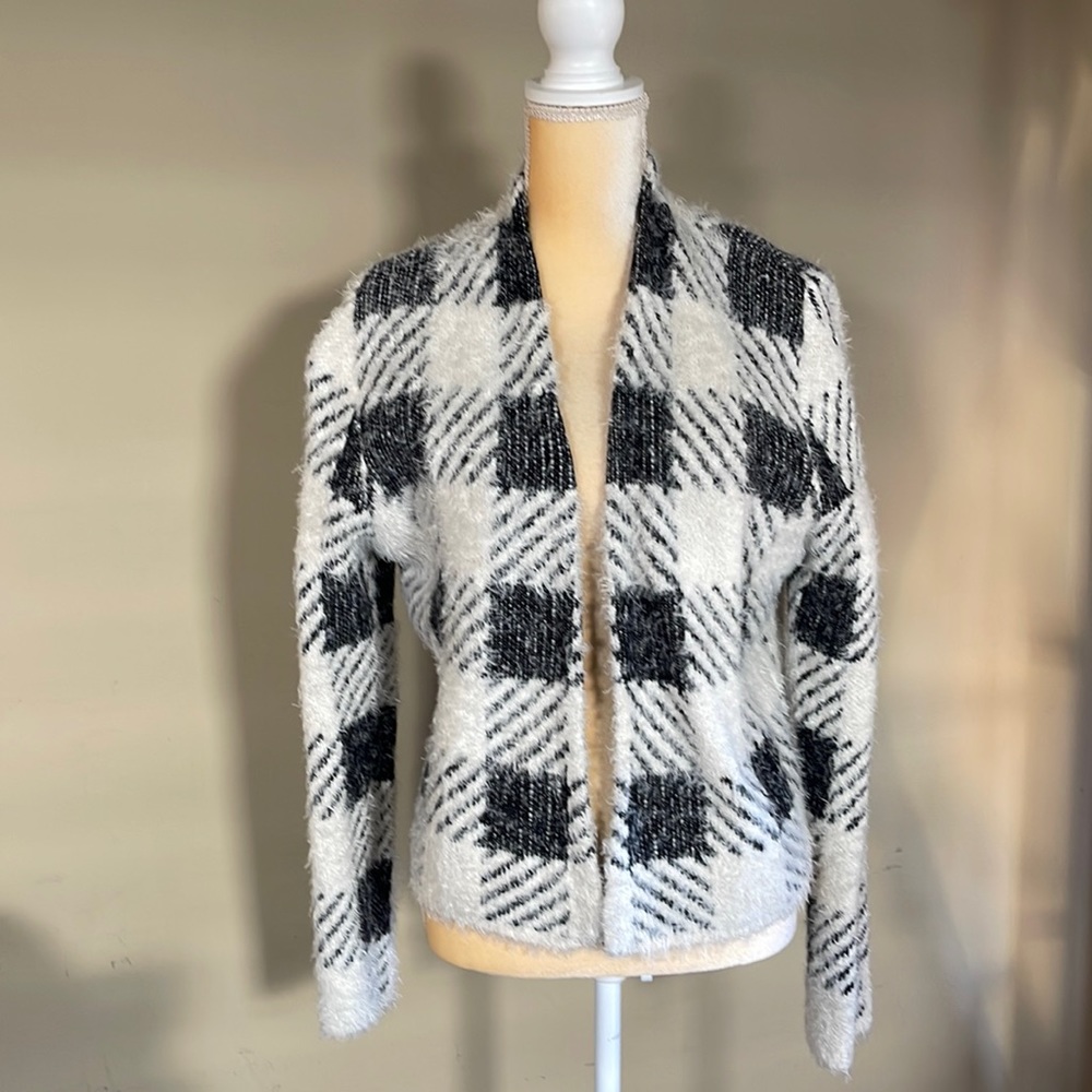 August Silk Buffalo Plaid Black and White Eyelash Open Front Cardigan Size L
